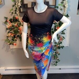 Sexy Bodycon Dress Fashion Tie Dye Print Side Ruched Short Sleeve Sz‎ XL